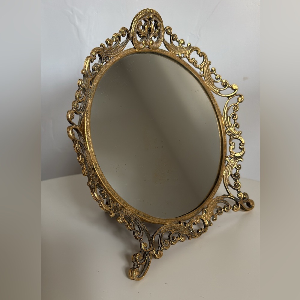 Vintage Mid-20th Century Goldtone Small Tabletop Mirror